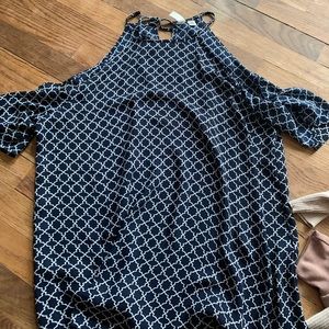 Blue and white patterned shirt with off the shoulders and think straps, size M